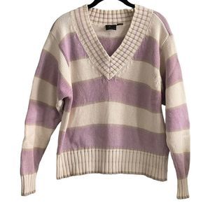 Liz Sport V-neck Varsity Sweater Striped Size Medium Lilac and Ivory Vintage